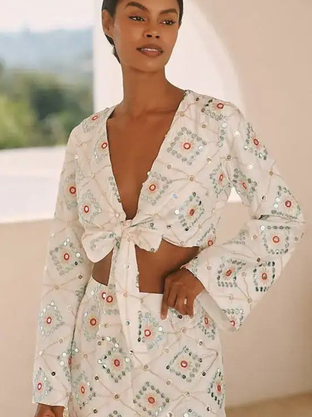 Blithe Embellished Mirror Geometric Tie-Front Crop Top Women's Size L White